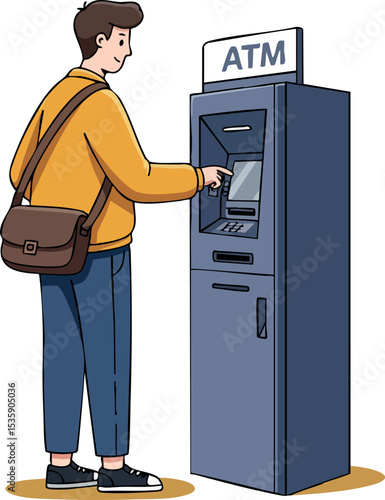 Young man withdrawing money from ATM machine with casual outfit and bag vector illustration 