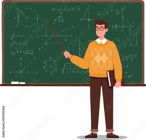 Male teacher explaining mathematical formulas on green chalkboard in classroom vector illustration 