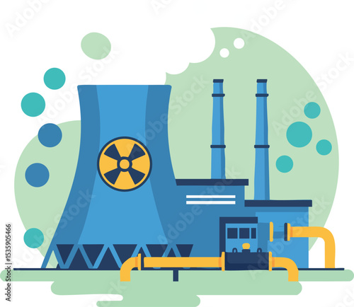 Nuclear power plant with cooling tower and chimneys energy industry illustration vector 