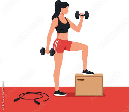 Woman exercising with dumbbells and step box on red mat fitness workout illustration 