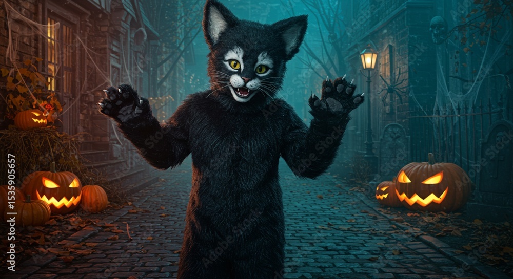 Spooky black cat halloween costume in dark mysterious street setting fur fun mask city town mood path Spooky black cat halloween costume in dark mysterious street setting fur fun mask city town mood path