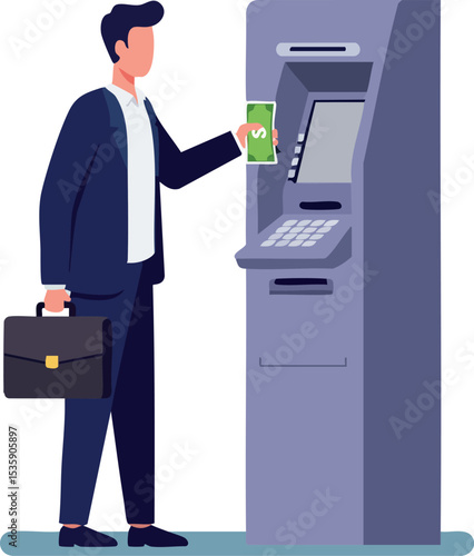 Businessman withdrawing money from ATM machine with briefcase vector illustration 