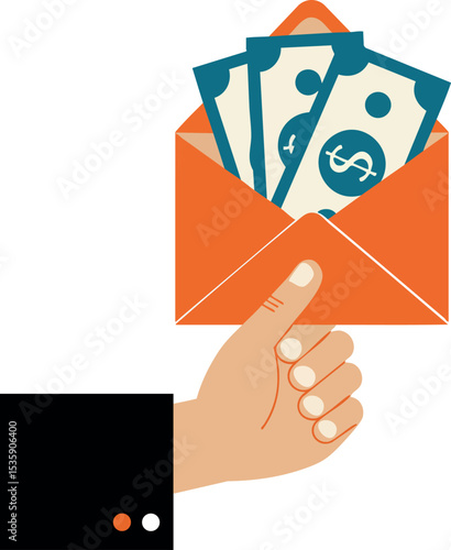 Hand holding orange envelope with money bills inside financial transaction concept vector illustration 