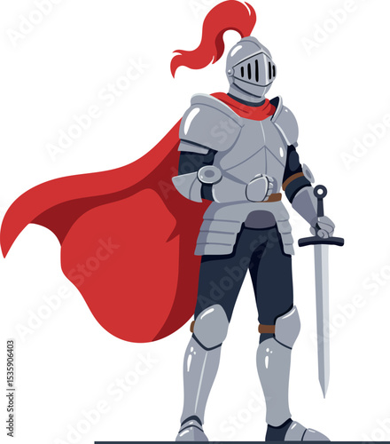 Medieval knight in silver armor with red cape holding sword vector illustration 