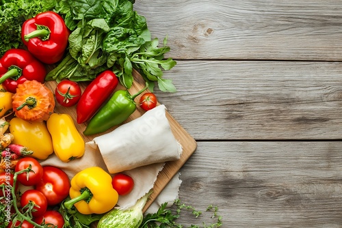 Fresh vegetables on rustic wooden surface colourful arrangement of peppers, tomatoes, and greens