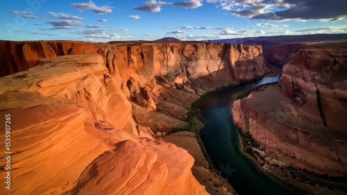 Spectacular aerial view of a horseshoe bend in a deep canyon with vibrant blue water and towering sandstone cliffs under a cloudy sky.