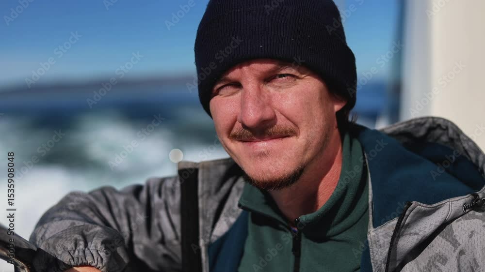 Young Man in Jacket Standing on Yacht Deck Young Man in Jacket Standing on Yacht Deck