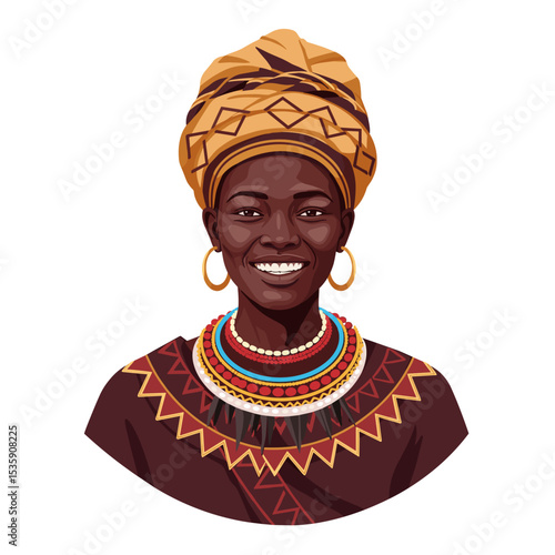 African Burundian woman smiling in traditional attire and jewelry, vector  