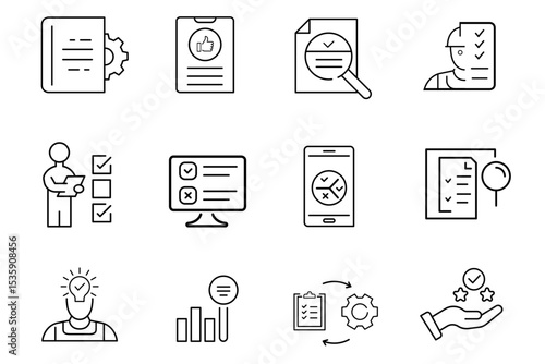 Assessment line icon set. Audit, analysis, plan, evaluation, result, goal, inspection, supervision, examination icons. Editable vector illustration