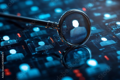 AI-driven talent acquisition. A magnifying glass highlights a key candidate profile from a digital network, representing modern recruitment, efficient human resources, and precise job matching