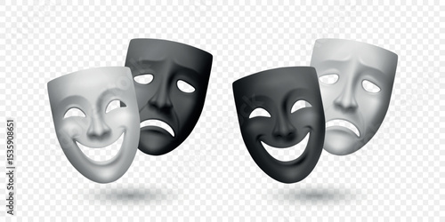 Vector Realistic Theater Mask Set. Comedy and Tragedy Masks. Classic Black and White Theater Mask for Stage Design, Greek Drama, Acting, Performing Arts. Theater Mask, Isolated