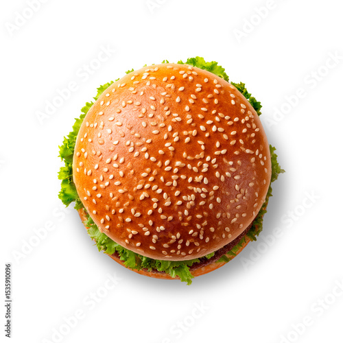 Ultra-realistic burger with sesame bun, top view, transparent PNG.