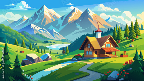 Idyllic landscape in the Alps with mountain chalet and green meadows Very beautiful