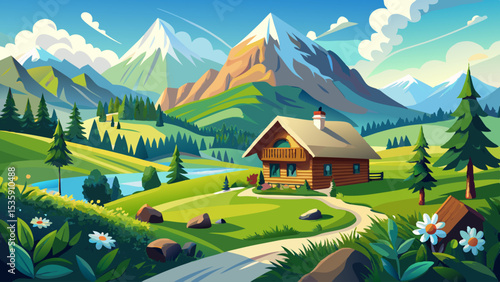 Idyllic landscape in the Alps with mountain chalet and green meadows Very beautiful