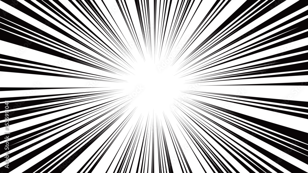 Obraz premium 漫画でよく使われる集中線。白ベースに黒い線。注目させるときに使う。ズームイン。