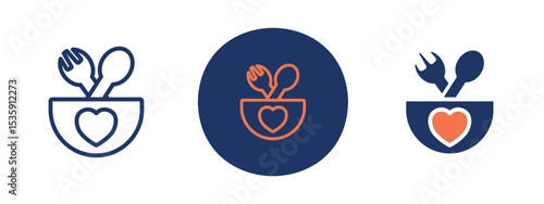 set of colored pixel perfect Healthy food icon 3, 1 silhouette, 1 unexpanded, Heart with fork and spoon representing food care.