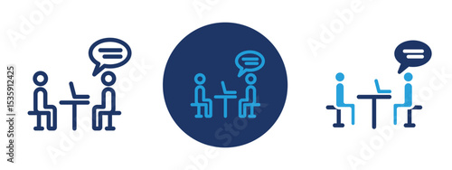 set of colored pixel perfect Interview icon 1, 1 silhouette, 1 unexpanded, Interview scene icon with two people discussing across a desk.