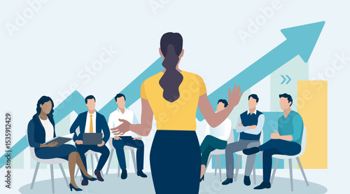 Presentation, vision, strategy . The female leader. Discussing business plan. Vector flat illustration
