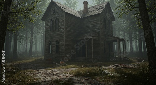 Spooky abandoned house in dark foggy forest scene illustration 3d old art gray scary trees eerie