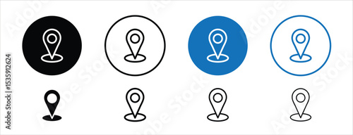 set of colored pixel perfect Location icon 2, 1 silhouette, 1 unexpanded, Map marker icon representing a geographical point of interest.
