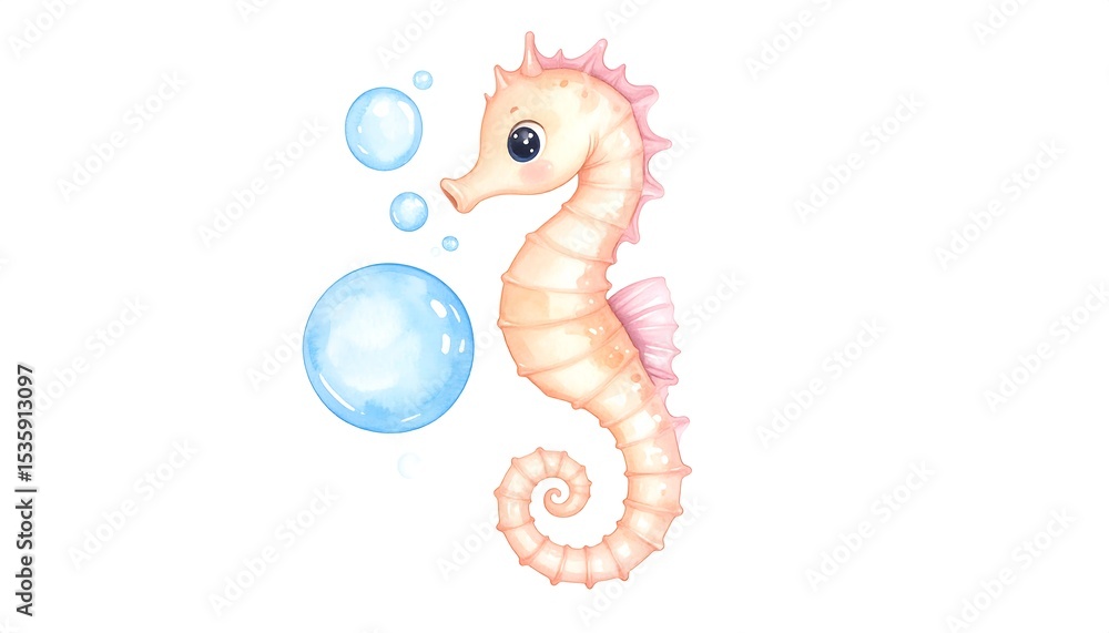 Fototapeta premium Cute seahorse with bubbles (1)