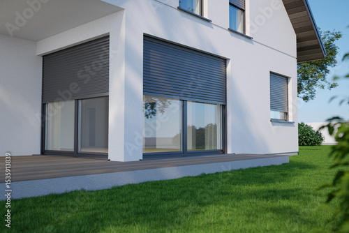 Fototapeta Naklejka Na Ścianę i Meble -  Window roller - modern house with terrace, 3D illustration