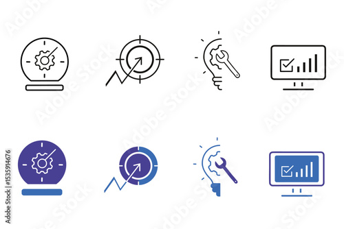 Optimization line and solid icon set. Options, configuration, preferences, adjustments, operation, gear, control panel, equalizer, optimization and setup icons. Editable vector illustration