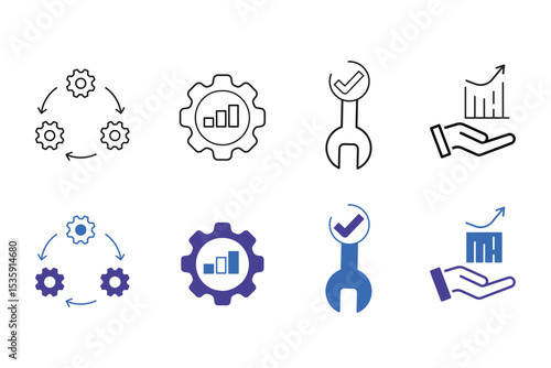 Optimization line and solid icon set. Options, configuration, preferences, adjustments, operation, gear, control panel, equalizer, optimization and setup icons. Editable vector illustration