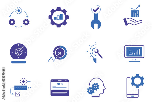 Optimization solid icon set. Options, configuration, preferences, adjustments, operation, gear, control panel, equalizer, optimization and setup icons. UI icon set. Editable vector illustration