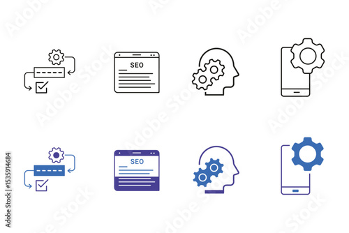 Optimization line and solid icon set. Options, configuration, preferences, adjustments, operation, gear, control panel, equalizer, optimization and setup icons. Editable vector illustration