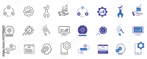 Optimization line and solid icon set. Options, configuration, preferences, adjustments, operation, gear, control panel, equalizer, optimization and setup icons. Editable vector illustration