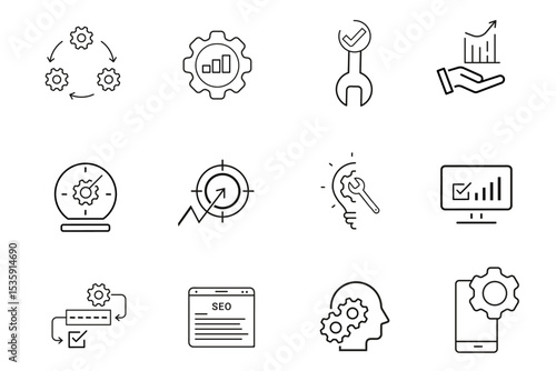 Optimization line icon set. Options, configuration, preferences, adjustments, operation, gear, control panel, equalizer, optimization and setup icons. Editable vector illustration