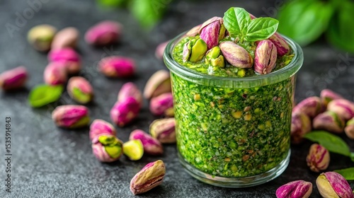 Pistachio pesto in glass jar, scattered pistachios