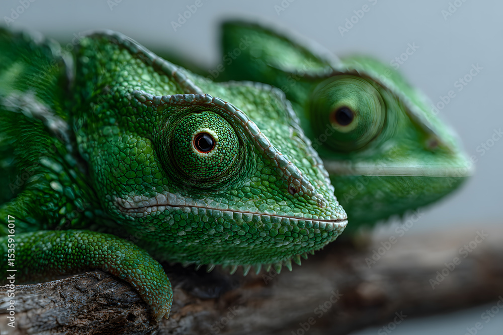 Obraz premium Close-up of Two Green Chameleons on Branch