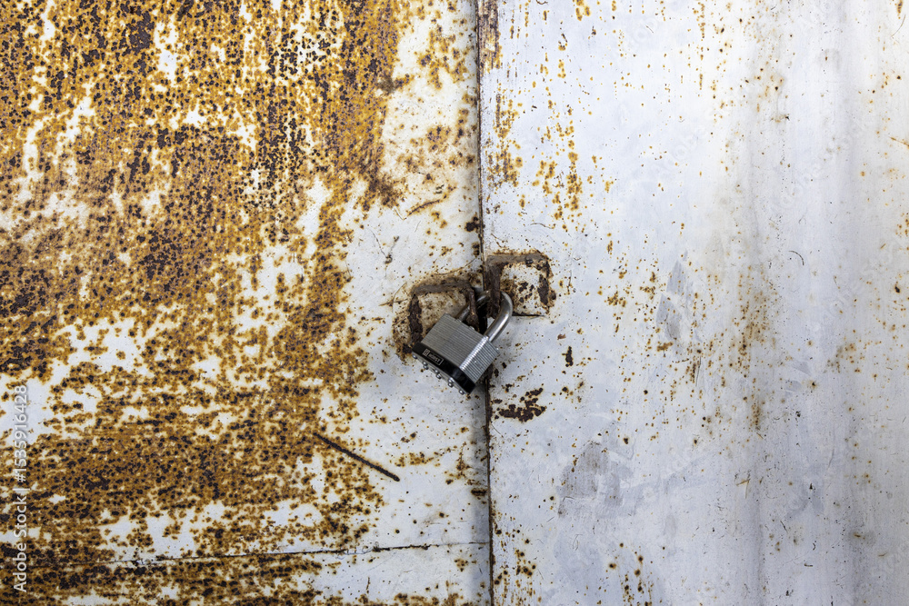 Rusty lock on weathered painted metal surface with scattered rust spots and texture contrast Rusty lock on weathered painted metal surface with scattered rust spots and texture contrast