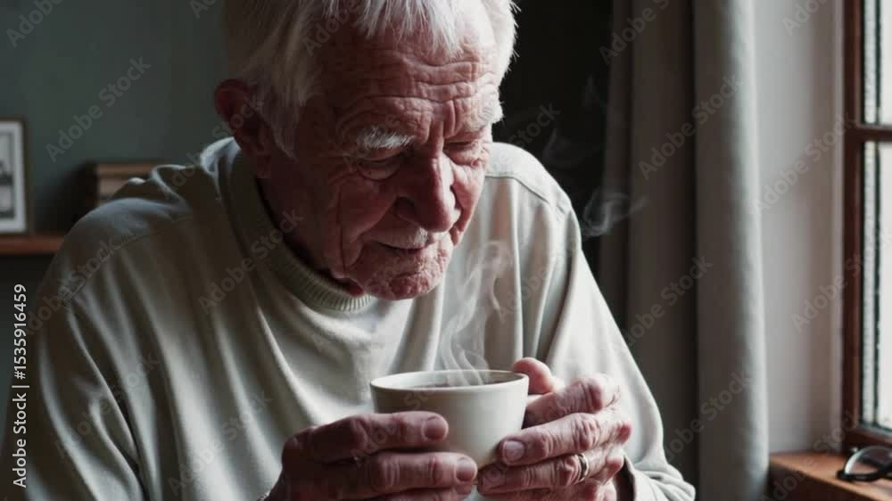 Elderly man drinking tea alone by window in quiet moment Elderly man drinking tea alone by window in quiet moment