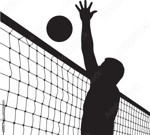 Silhouette of a volleyball player spiking the ball over the net during a game
