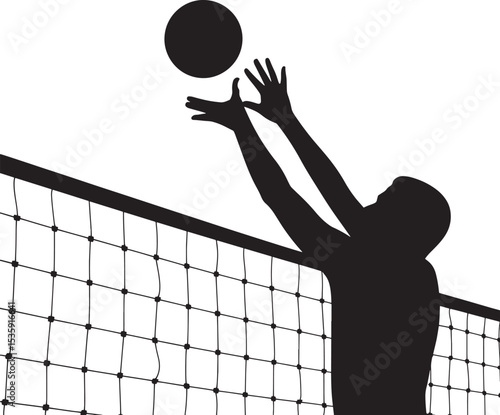 Silhouette of a volleyball player spiking the ball over the net during a match