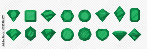 Green Gemstone Vector Set with Different Cuts. Emerald Crystal Icons in Various Shapes for Jewelry Design, Game, Treasure Graphics, Fantasy Icons, Craft Assets, Crystal Elements, Gemstone Illustration