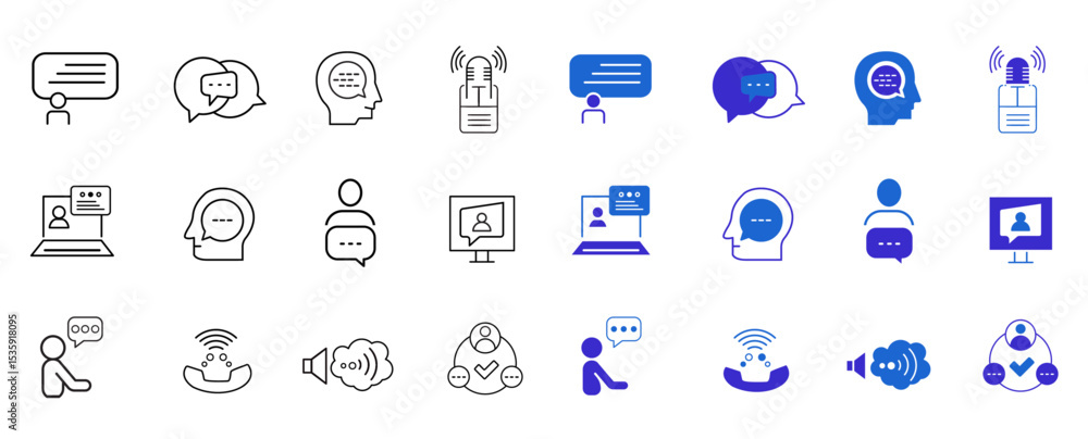 Fototapeta premium Speaking line and solid icon set. Communication, discussion, speech bubble, talking, consultation, chat, dialog, man and conversation icons. UI icons set. Editable vector illustration