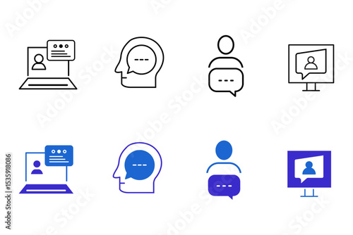 Speaking line and solid icon set. Communication, discussion, speech bubble, talking, consultation, chat, dialog, man and conversation icons. UI icons set. Editable vector illustration