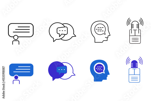 Speaking line and solid icon set. Communication, discussion, speech bubble, talking, consultation, chat, dialog, man and conversation icons. UI icons set. Editable vector illustration