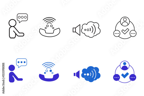Speaking line and solid icon set. Communication, discussion, speech bubble, talking, consultation, chat, dialog, man and conversation icons. UI icons set. Editable vector illustration