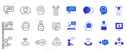 Speaking line and solid icon set. Communication, discussion, speech bubble, talking, consultation, chat, dialog, man and conversation icons. UI icons set. Editable vector illustration