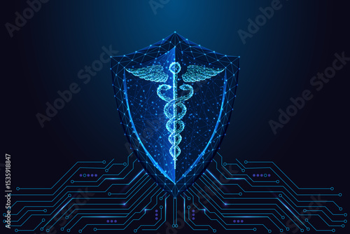 AI healthcare shield with caduceus and circuit board, digital protection medical tech illustration
