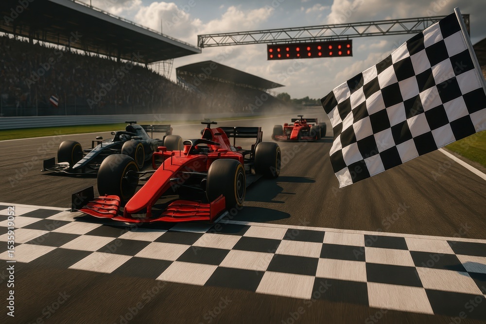 Obraz premium Formula 1 Racing Start Finish Line With Checkered Flag Pattern And High-Speed Motorsport Championship Atmosphere