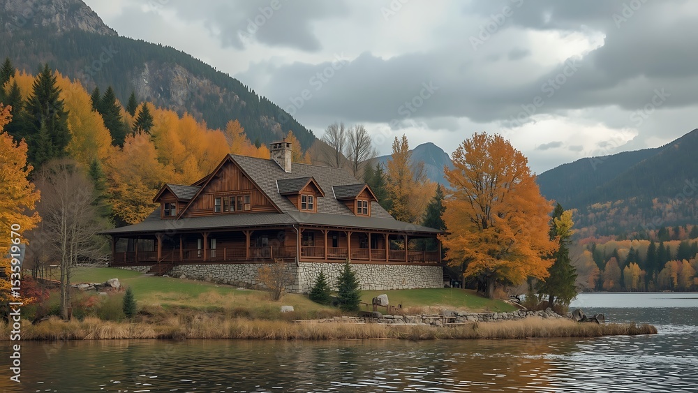 Fototapeta premium Stunning Autumn Cabin by a Mountain Lake