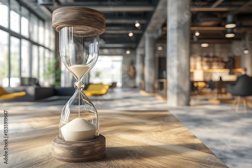 Vintage hourglass on wooden table in a modern office space symbolizing the passage of time and productivity
