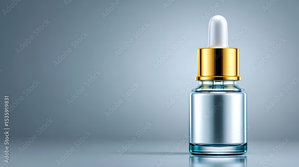 Naklejka premium Elegant glass dropper bottle with gold cap on reflective surface, showcasing luxury skincare packaging. minimalist design highlights sophistication and premium quality