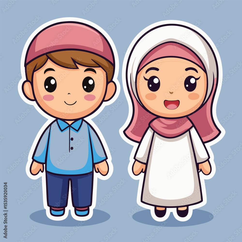 Cartoon Muslim boy and girl in traditional attire Cartoon Muslim boy and girl in traditional attire